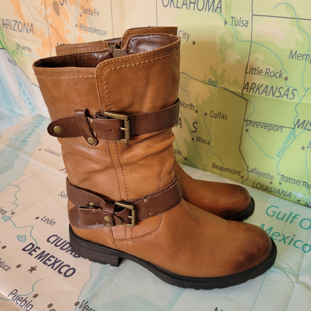 Earth Brown Leather Moto Buckle Boots Size 9.5 - Picture 9 of 13